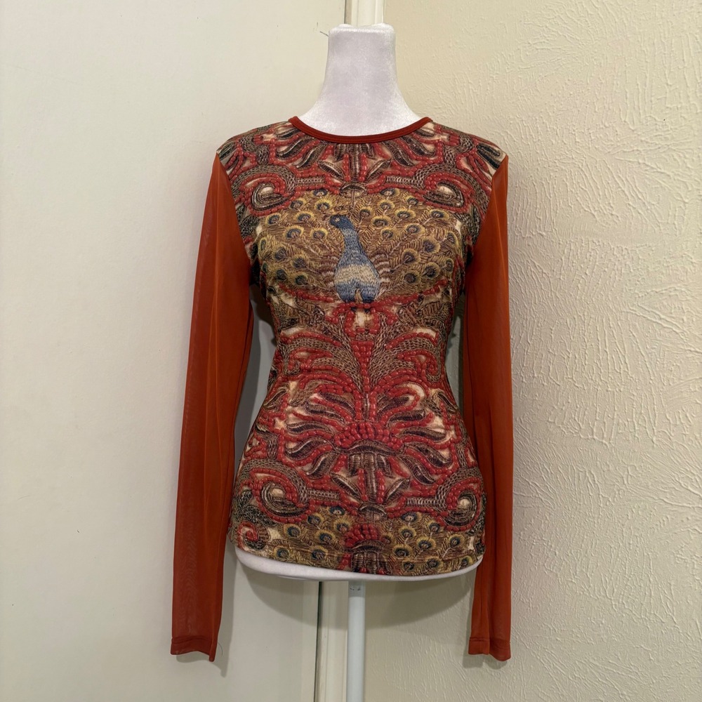 Wet Seal Y2K Orange Peacock Print Mesh Long Sleeve Top Blouse Euro Unique Sz L